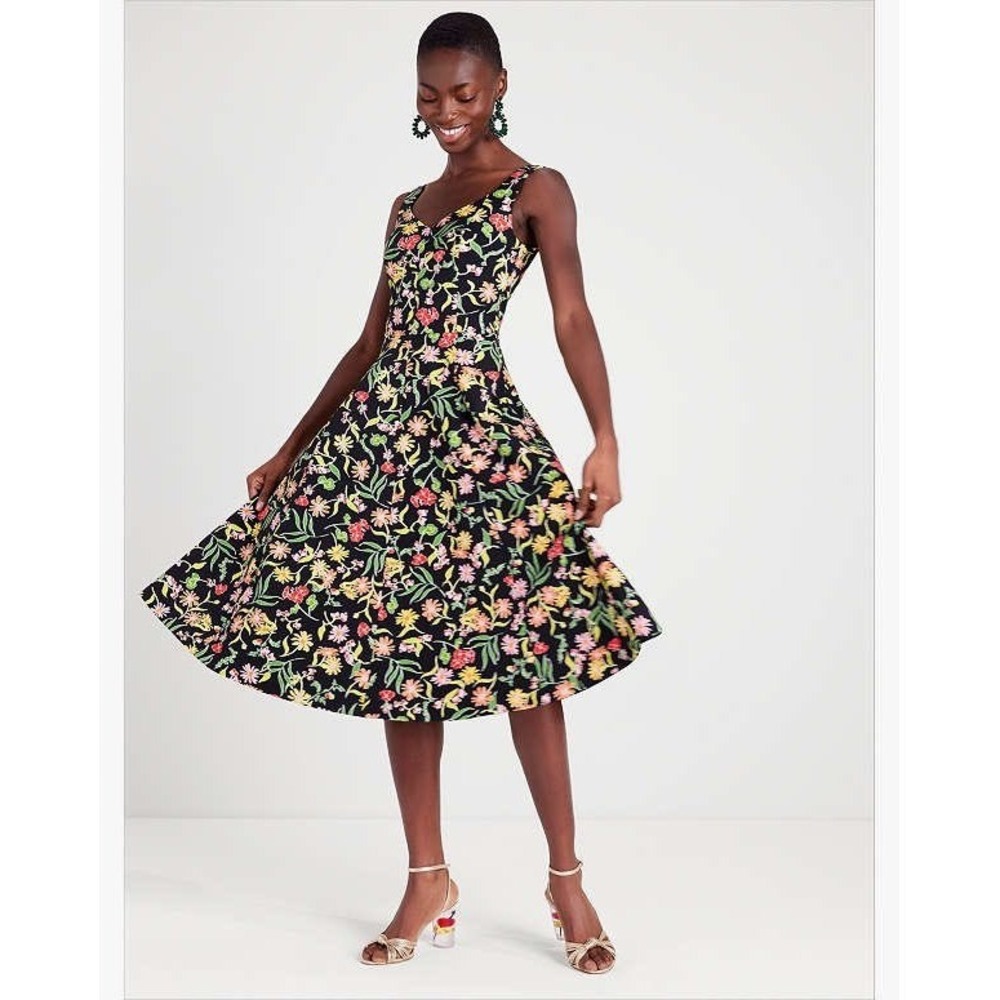 Kate Spade Rooftop Garden Floral Grace Dress Black Midi Fit Flare Sz 10 NEW - Picture 1 of 16